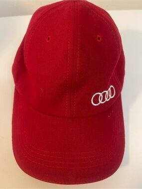 Audi Red Adjustable Baseball Cap White Embroidered Rings‎ Logo Dad Hat EUC
